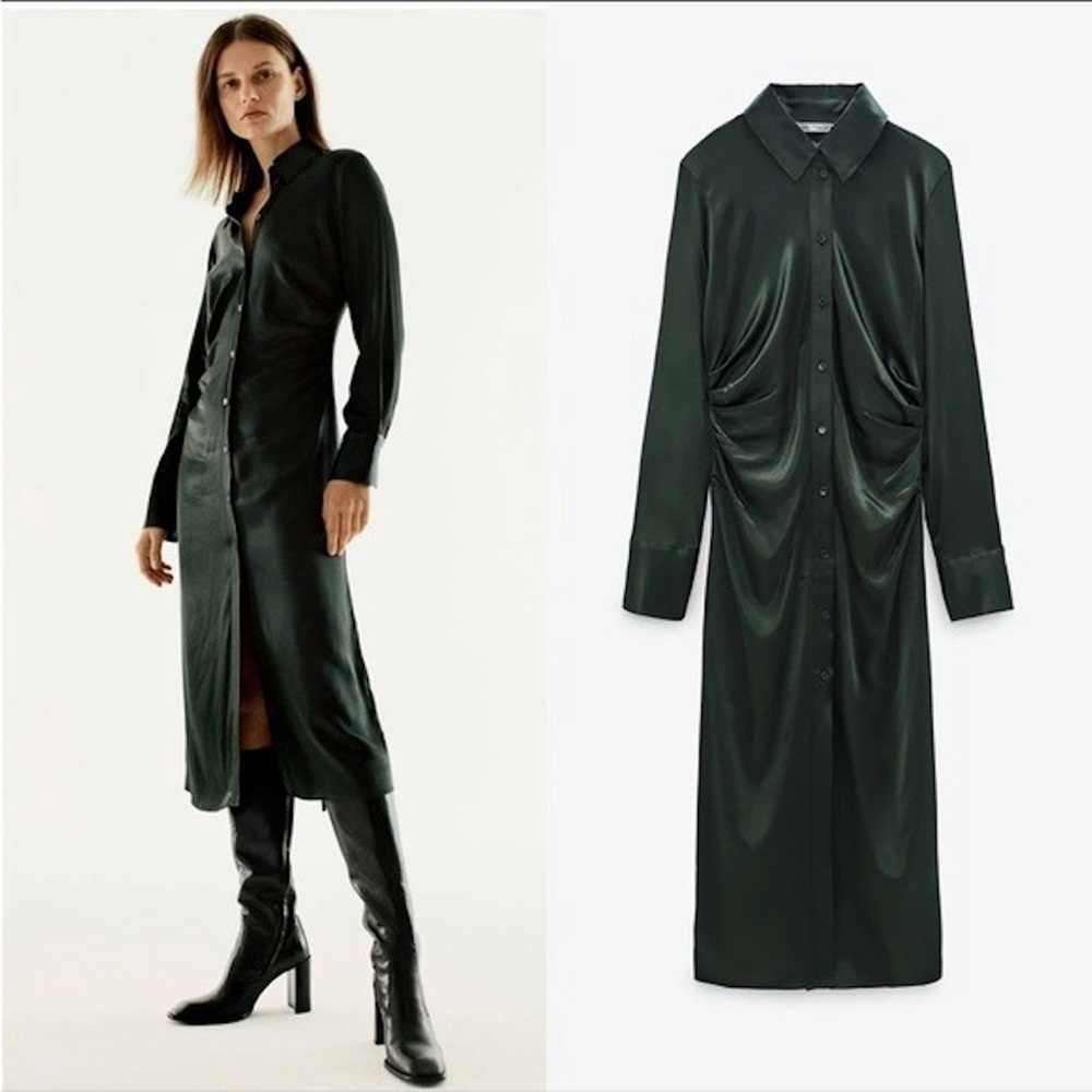 Zara Satin Effect Ruched Button Up Shirt Midi Dress